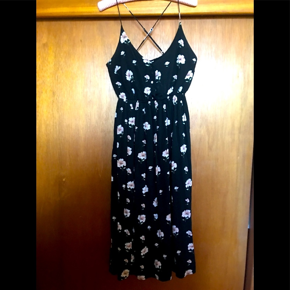 Black Floral Cross Strap Dress with Slit Women’s M